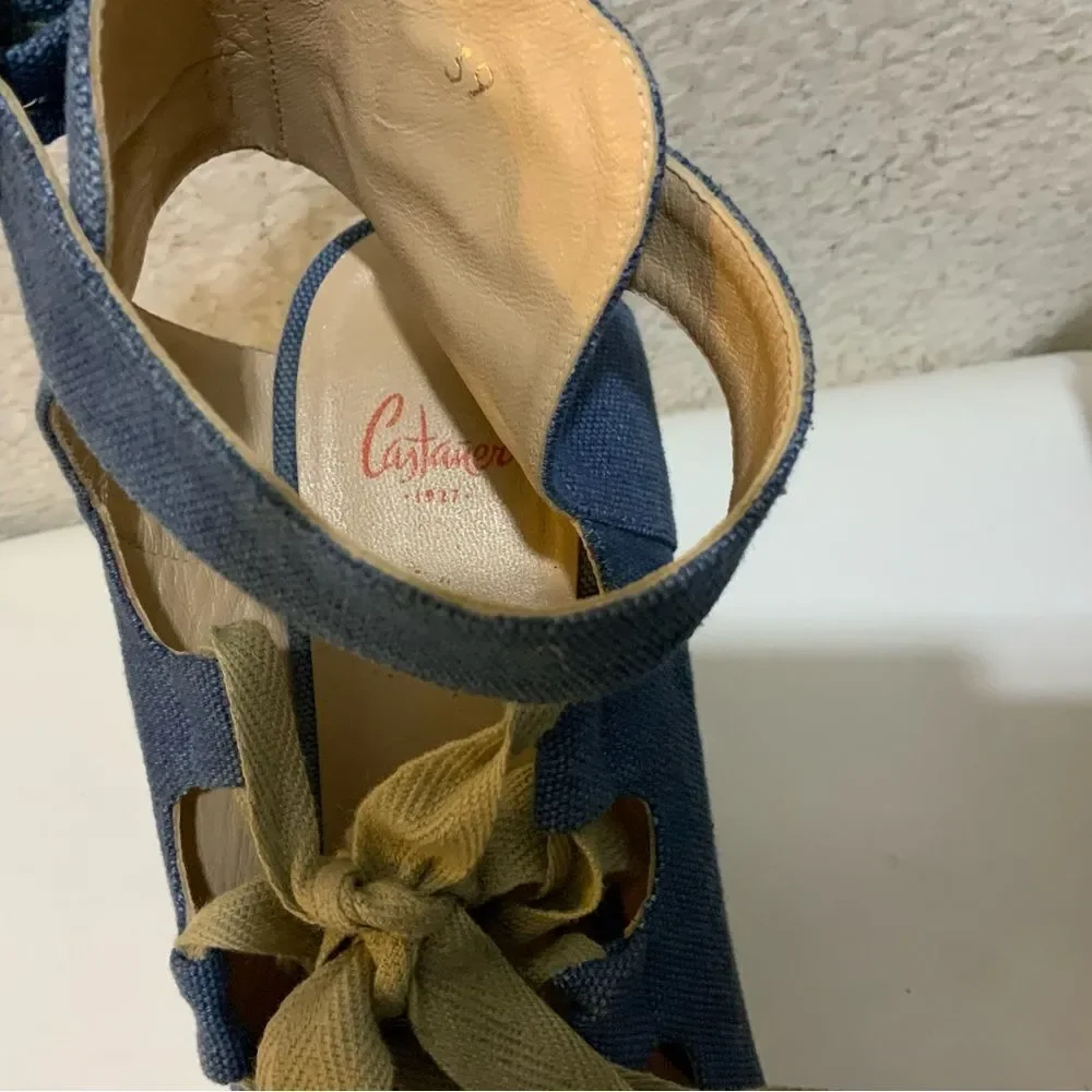 Castaner Leather lace up Denim look platform Wedge Espadrille Sandals 39